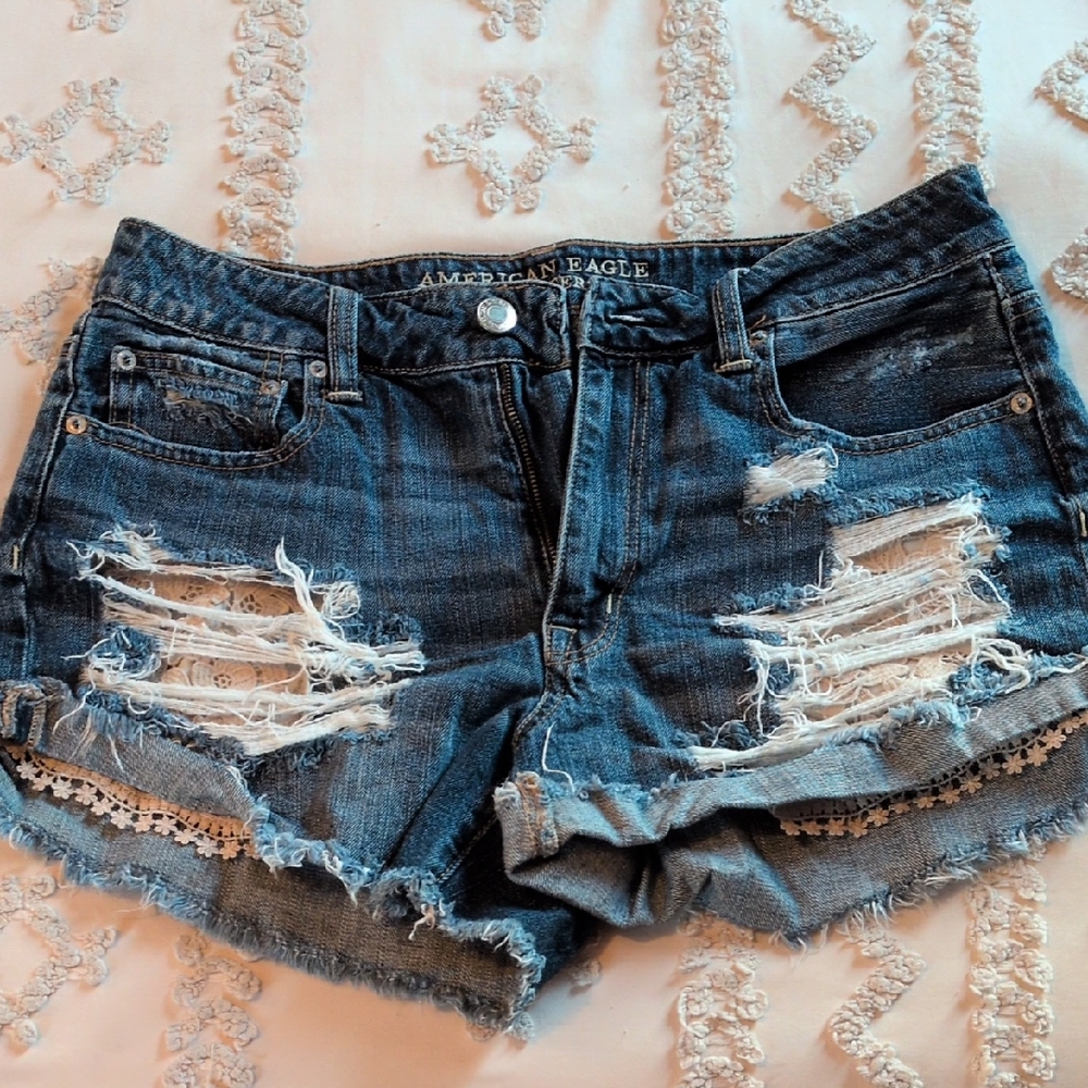 American Eagle Outfitters Women's Ripped Jean Shorts - Dark Blue